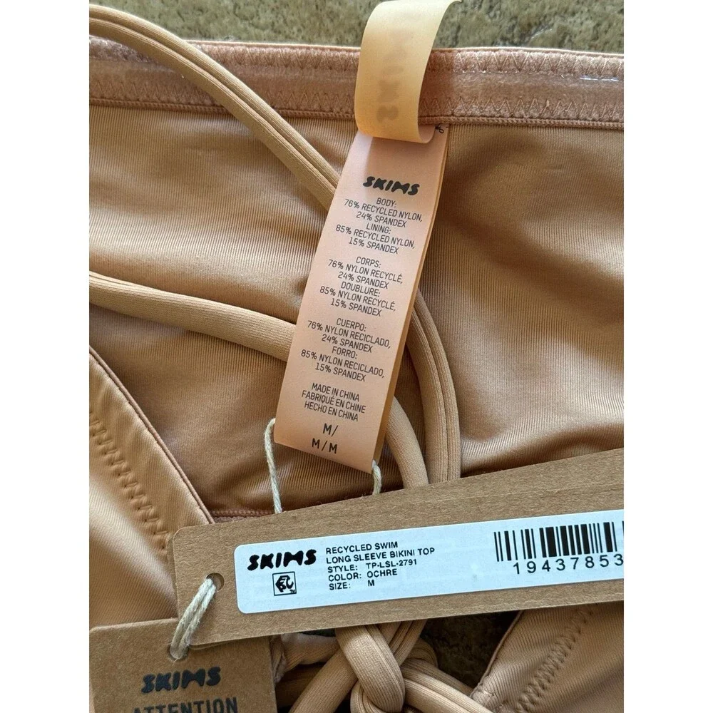 Skims Long Sleeve Bikini Top Ochre Size Medium